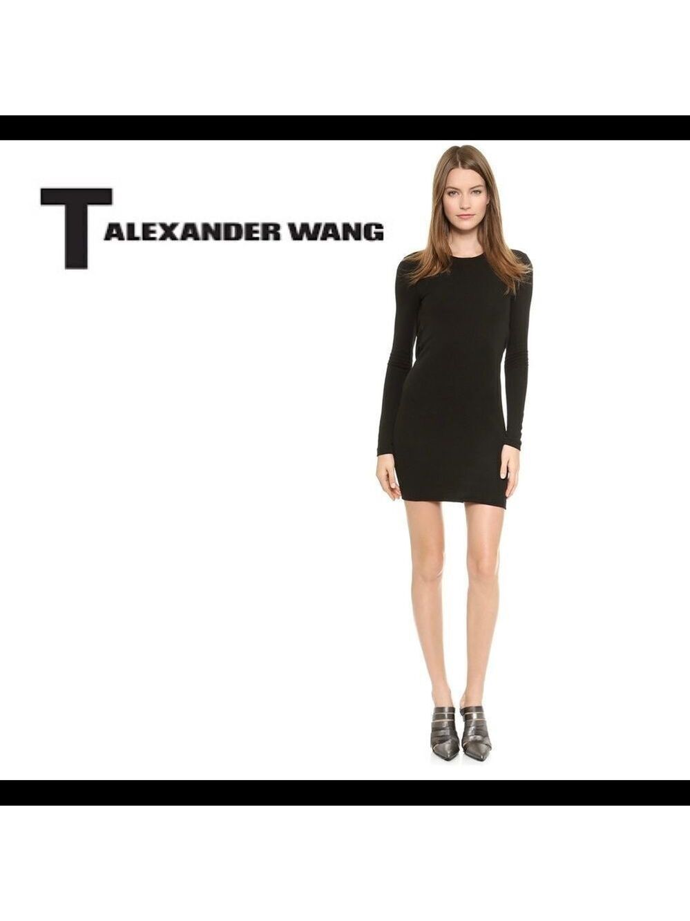T Alexander Wang Black long sleeve crewneck sheath asymmetrical shirt dress Sz L